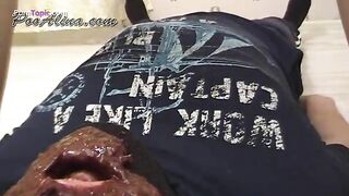 Woman squats and drops a heap of shit, then eats it