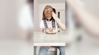 Girl eats a big bowl of shit in her bedroom