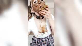 Girl eats a big bowl of shit in her bedroom