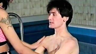 Woman takes a shit on a man's face in the pool