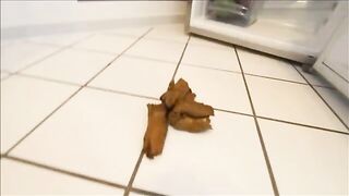 A woman takes a big shit in front of an open refrigerator