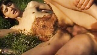 Woman eats shit off a man's ass outdoors