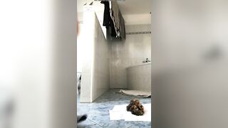 Girl takes a massive shit on the floor in the bathroom
