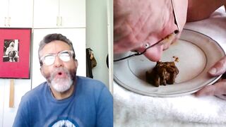 Old man eats shit from a plate