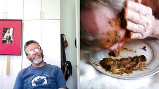 Old man eats shit from a plate