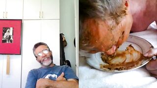 Old man eats shit from a plate