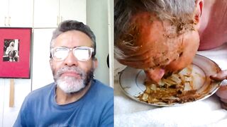 Old man eats shit from a plate
