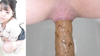 Asian teen takes a huge shit on the toilet seat