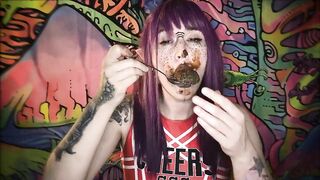 Girl eats shit from a bowl with a spoon
