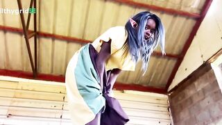 Woman squats and shits in a bucket in the barn