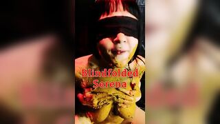 Blindfolded babe eats shit from her ass