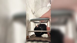 Bitch takes a shit through a baby gate in the shower