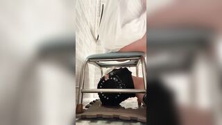 Bitch takes a shit through a baby gate in the shower