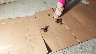 Naked slut steps in shit with her bare feet