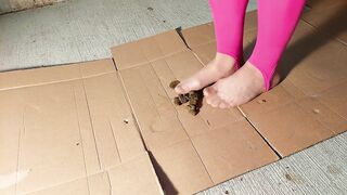Naked slut steps in shit with her bare feet