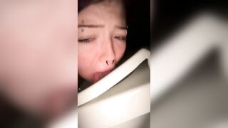 Slut drinks a huge mouth full of piss from a dildo