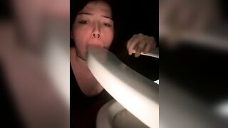 Slut drinks a huge mouth full of piss from a dildo