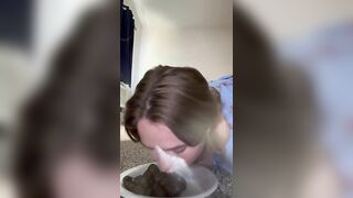 Girl eats her own shit from a bowl with a spoon
