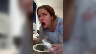 Girl eats her own shit from a bowl with a spoon