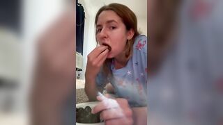 Girl eats her own shit from a bowl with a spoon