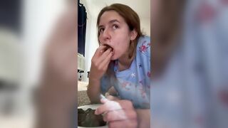 Girl eats her own shit from a bowl with a spoon