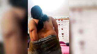 Woman squats and takes a big shit on a pink bed