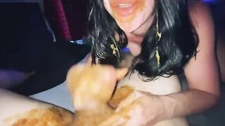 Girl eats huge pile of fresh shit off the floor