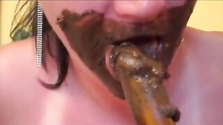 Filthy slut licks up her own shit on the bed