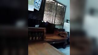 Girl squats and spreads her ass in her bedroom.