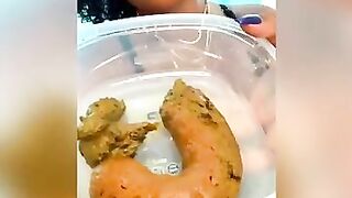 Slut squats and takes a massive shit into a cup