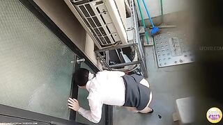 A girl squats and poops in a trash bag in the kitchen