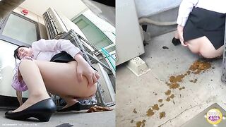 A girl squats and poops in a trash bag in the kitchen