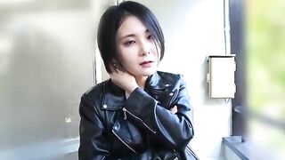 Girl eats her own shit in a leather jacket
