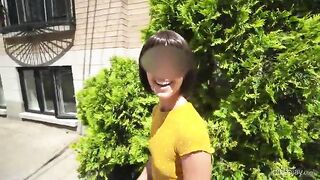 Babe drinks piss from a black garbage bag outside
