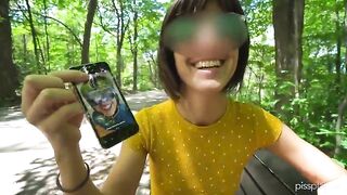 Babe drinks piss from a black garbage bag outside