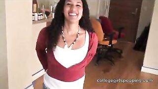 Slut squats to take a shit in a cup