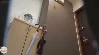 Girl takes a shit in the toilet while sitting on top of it wearing a dress