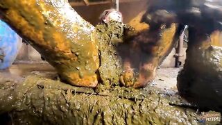 Girl plays in a shit-filled pit