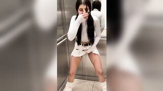 Babe squats and takes a huge shit on the bathroom floor