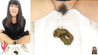 Girl drops a big shit in a toilet with a plastic bag