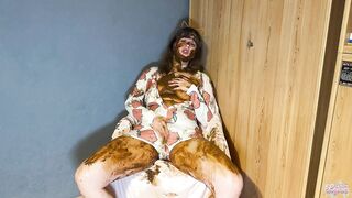 Slut prances around covered in her own shit