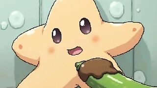 Starfish cartoon has a cucumber filled with shit in its mouth