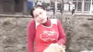 Slut eats shit out of a bag in public
