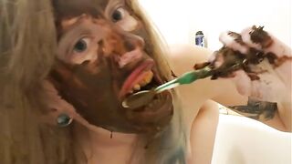 Woman squats and takes a shit in the toilet