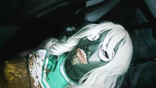 Woman covered in shit sits in a box
