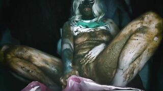 Woman covered in shit sits in a box