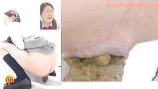 Woman squats and takes a massive shit in the toilet