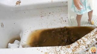 Girl takes a huge shit in a public toilet