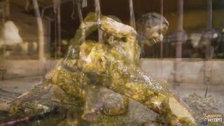 Girl wallows naked in a pit full of shit and piss