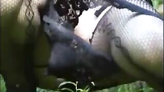 Girl takes a shit in the woods on a frisbee